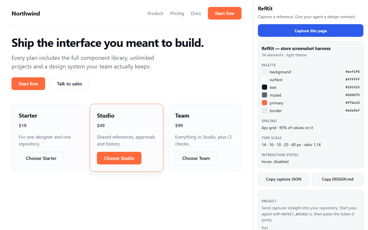 The RefKit side panel beside a pricing page, showing the palette, spacing grid, type scale and interaction states it derived from that page.